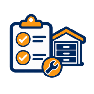 Garage door repair options icon showing a checklist, garage and wrench