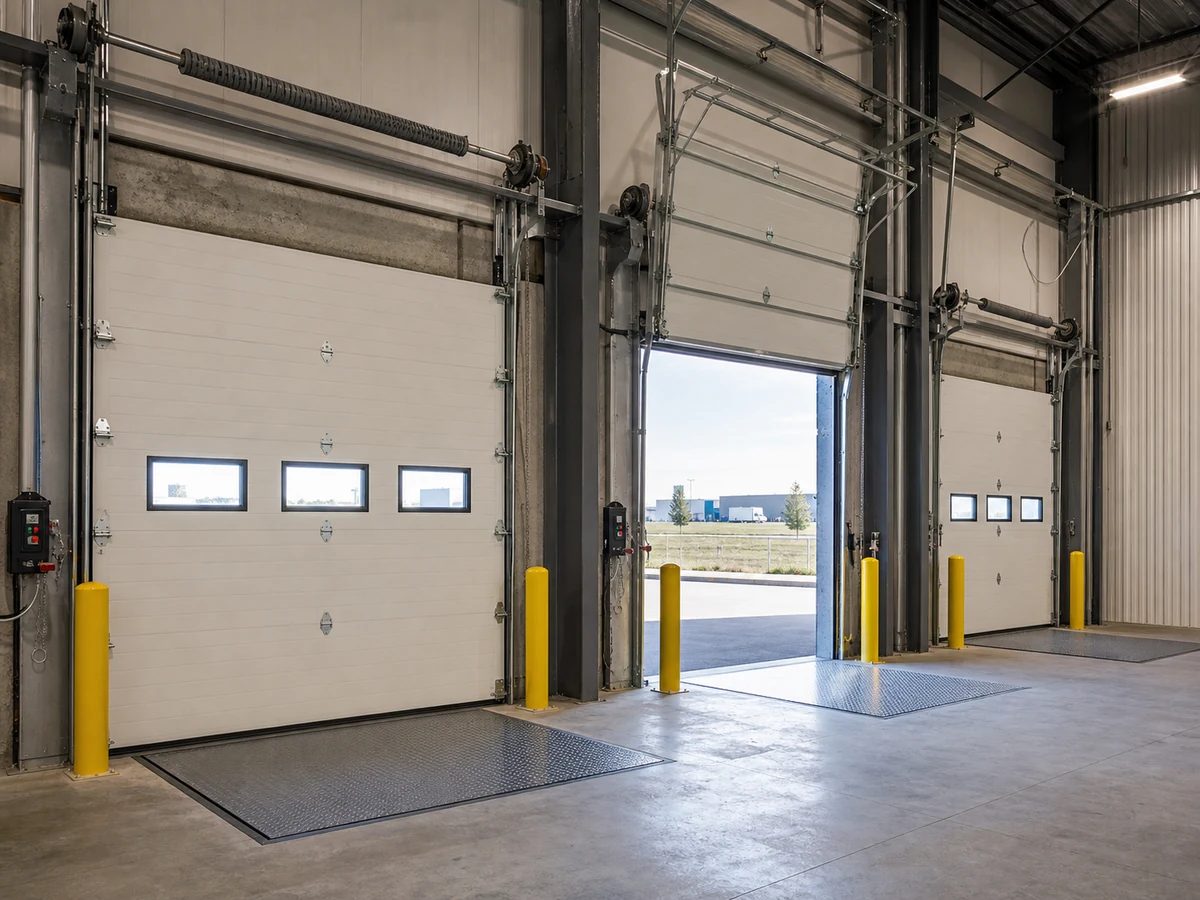 Three commercial loading bay overhead doors in a Calgary warehouse