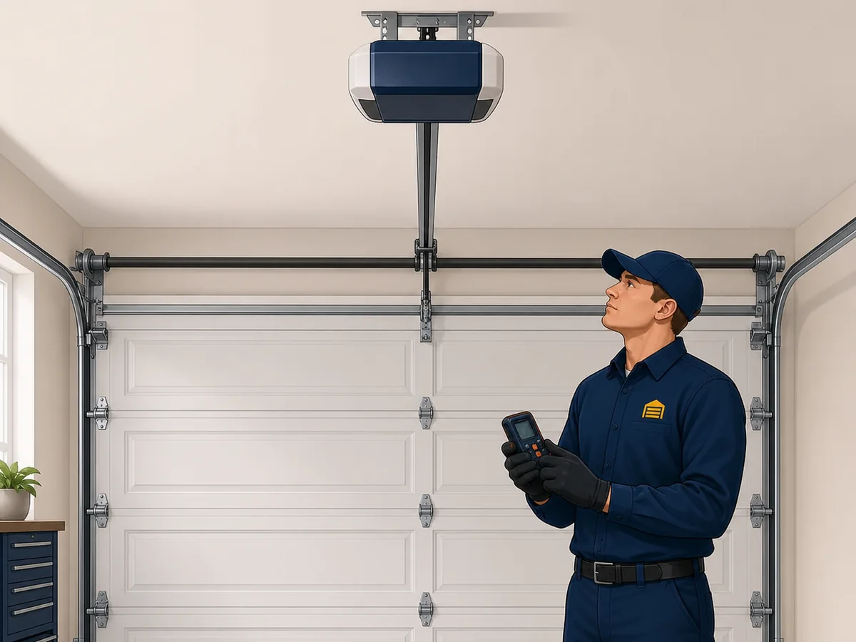 Illustration of a Berintek technician diagnosing a ceiling-mounted garage door opener