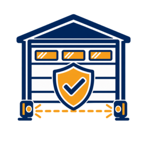 Garage door safety testing icon showing photo-eye sensors, a safety beam and checkmark