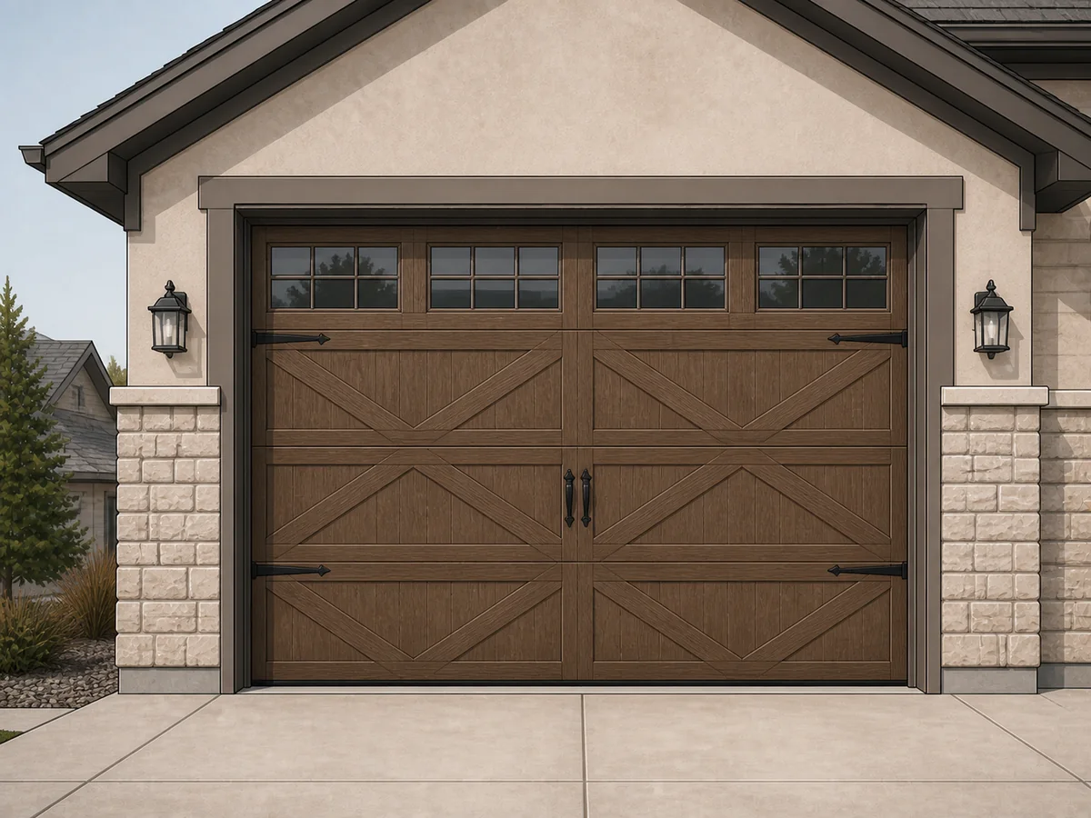 Illustration of a brown carriage-house garage door with windows and decorative hardware