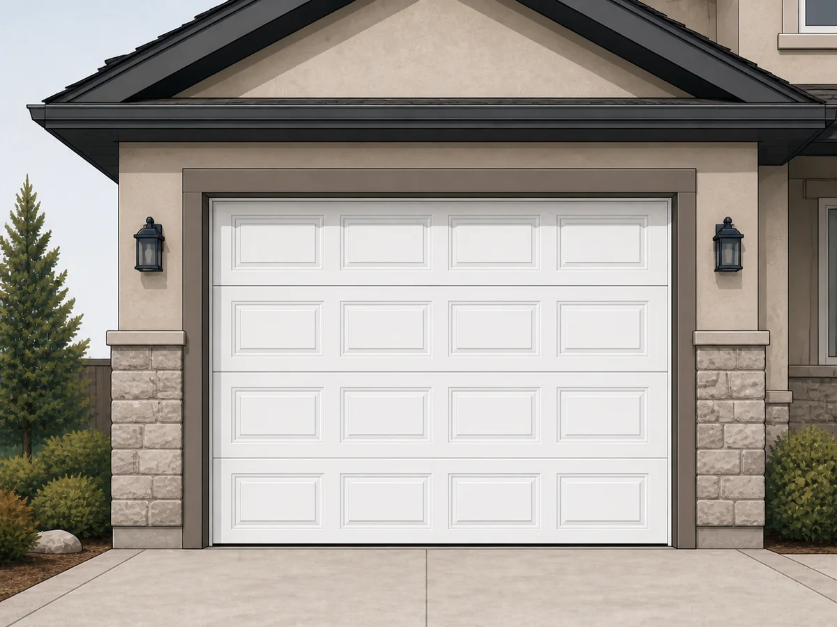 Illustration of a white classic raised-panel garage door on a Calgary-style home