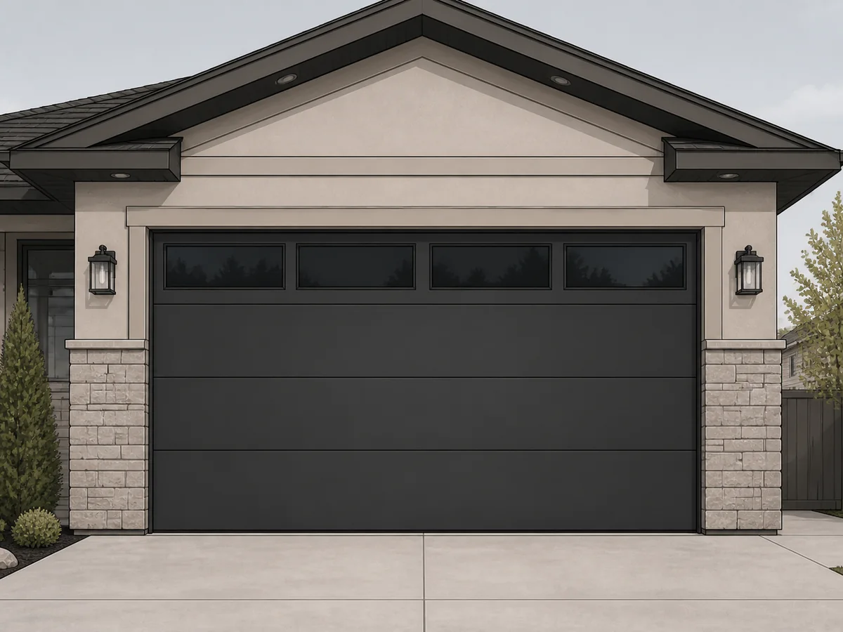 Illustration of a charcoal contemporary flush garage door with top windows