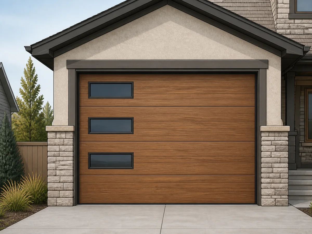 Illustration of a cedar wood-look plank garage door with offset windows