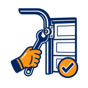 Garage door system inspection icon showing a gloved hand with a wrench and checkmark