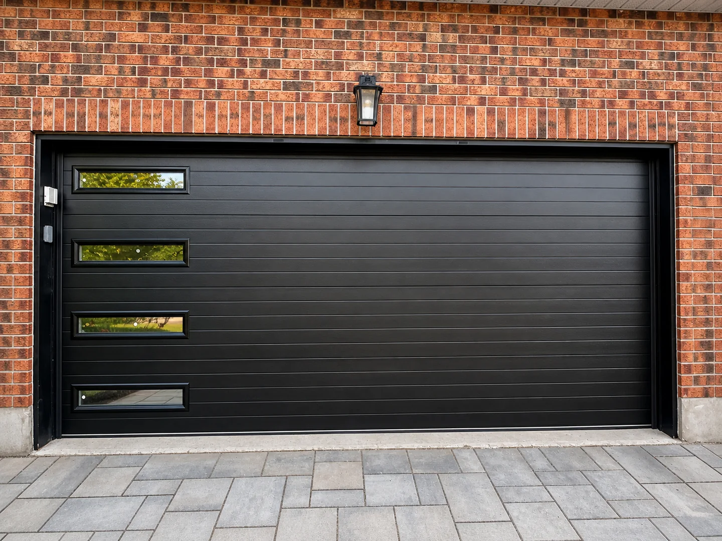 Modern black sectional garage door with offset windows installed on a brick home