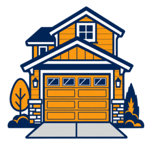 Residential garage door service icon showing a Calgary home and sectional garage door