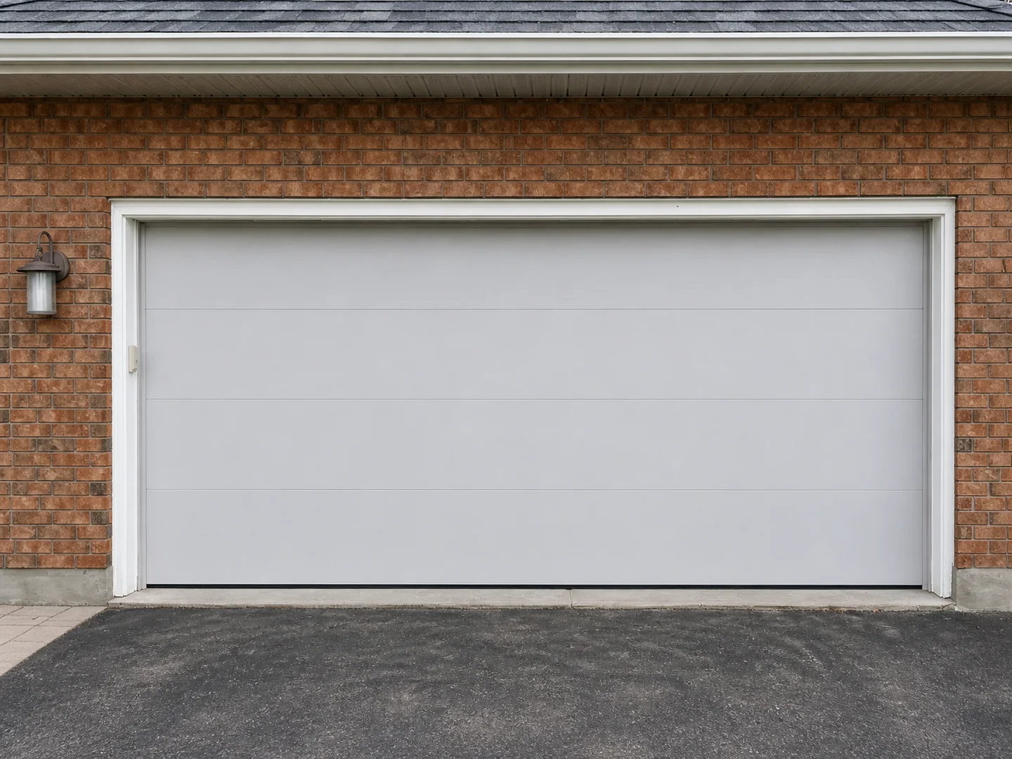 White flush-panel garage door installed on a brick residential garage