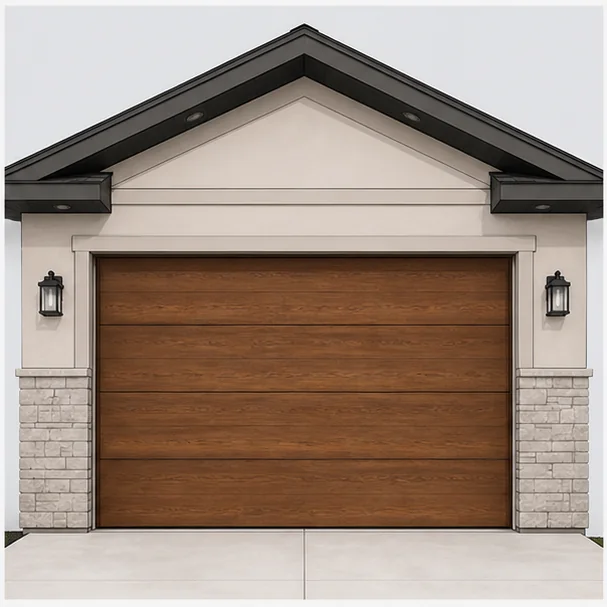 Illustration of a warm wood-look flush-panel garage door finish