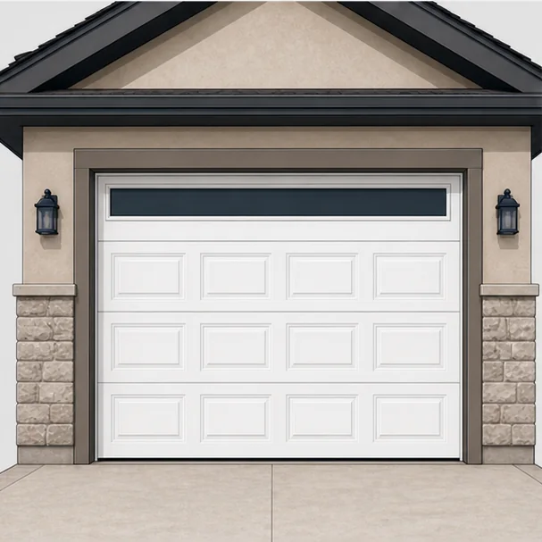 Illustration of a white garage door with a narrow full-width glass strip