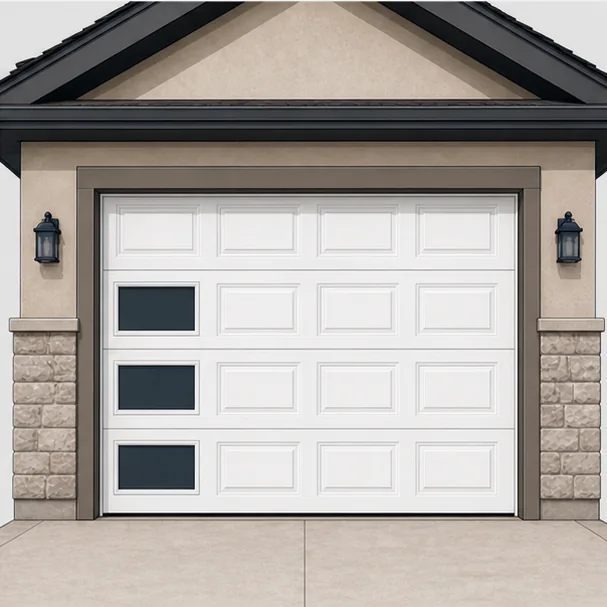 Illustration of a white garage door with three offset windows on the left