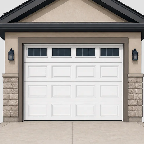 Illustration of a white garage door with a full row of top windows